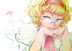 Rule 34 | 1girl, alice margatroid, alternate hairstyle, ascot, bad id, bad pixiv id, bespectacled, blonde hair, blue eyes, capelet, curly hair, dress, female focus, fingers together, frilled ascot, frilled capelet, frilled dress, frilled sash, frills, glasses, hairband, lips, looking to the side, sash, shawl, short hair, smile, solo, touhou, yukataro