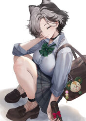 Rule 34 | 1girl, bag, black collar, black hair, blue eyeshadow, breasts, brown bag, buttons, closed eyes, collar, collared shirt, earrings, ekao, eyelashes, eyeshadow, green necktie, grey hair, grey skirt, highres, holding, jewelry, kunai nakasato, makeup, mole, mole under mouth, multicolored hair, necktie, nijisanji, nijisanji en, plaid clothes, plaid skirt, red eyeshadow, school bag, school uniform, shirt, shoes, short hair, skirt, sleeves rolled up, smile, solo, squatting, two-tone hair, virtual youtuber, white shirt