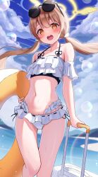 Rule 34 | 1girl, absurdres, bare arms, bare legs, bare shoulders, bikini, blue archive, blush, day, eyewear on head, frilled bikini, frills, halo, hifumi (blue archive), hifumi (swimsuit) (blue archive), highres, leopon pon, light brown hair, long hair, looking at viewer, low twintails, navel, official alternate costume, open mouth, outdoors, solo, sunglasses, swimsuit, teeth, twintails, upper teeth only, white bikini, yellow eyes, yellow halo