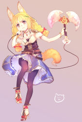 Rule 34 | 1girl, animal ears, anklet, belt, black pantyhose, blonde hair, bracelet, braid, breasts, cleavage, fox ears, fox tail, hair ornament, hair ribbon, hairclip, high heels, highres, jewelry, long hair, looking at viewer, lots of jewelry, necklace, original, pantyhose, ribbon, solo, subachi, tail, twin braids, weapon