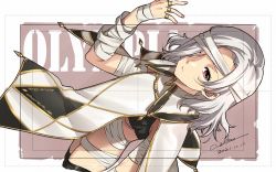 Rule 34 | 1girl, bandaged arm, bandaged leg, bandages, black thighhighs, breasts, character name, cloak, closed mouth, commentary, cowboy shot, dated, dated commentary, dutch angle, eiyuu densetsu, expressionless, falcom, hair over one eye, jewelry, kuro no kiseki, looking at viewer, medium hair, multiple rings, olympia (eiyuu densetsu), parted bangs, purple background, red eyes, ring, signature, silver hair, simple background, small breasts, solo, thighhighs, werkbau, white cloak