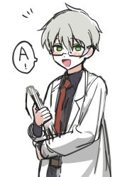 Rule 34 | 1boy, belt, benjamin (project moon), black pants, brown belt, collared shirt, commentary request, cowboy shot, glasses, green eyes, grey hair, grey shirt, lab coat, lobotomy corporation, long sleeves, male focus, medu (rubish), necktie, notice lines, open mouth, pale skin, pants, project moon, rectangular eyewear, red necktie, shirt, short hair, simple background, sketch, smile, solo, speech bubble, white background