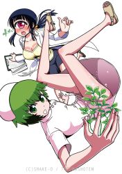 Rule 34 | 1girl, androgynous, artist name, black hair, blush, blush stickers, breasts, cleavage, clipboard, collarbone, cover image, cyclops, foreshortening, green eyes, green hair, hat, hitomi sensei no hokenshitsu, itsuki (hitomi sensei no hokenshitsu), itsuki midori, lab coat, large breasts, long hair, manaka hitomi, monster girl, multiple girls, nurse cap, one-eyed, open mouth, pink eyes, plant girl, ponytail, sandals, school nurse, shake-o, short hair, simple background, skirt, white background