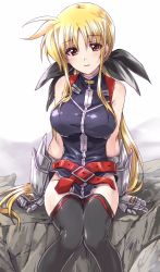 Rule 34 | 1girl, belt, black leotard, black ribbon, black thighhighs, blonde hair, breasts, closed mouth, commentary request, fate testarossa, fate testarossa (true sonic form), gauntlets, gloves, grey gloves, hair ribbon, highres, kuroi mimei, large breasts, legs, leotard, light smile, long hair, looking at viewer, lyrical nanoha, magical girl, mahou shoujo lyrical nanoha strikers, pelvic curtain, ponytail, red belt, red eyes, ribbon, single horizontal stripe, sitting, sleeveless, solo, thighhighs, very long hair