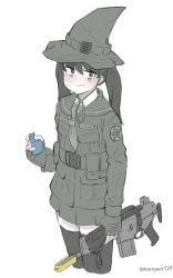 Rule 34 | 1girl, artist request, assault rifle, bags under eyes, commentary, daewoo k1, explosive, fingerless gloves, gloves, grenade, gun, hat, highres, military, military uniform, name tag, original, rifle, solo, thighhighs, twintails, twitter username, uniform, weapon, witch, witch hat