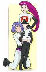 Rule 34 | 1boy, 1girl, ahoge, belt, black footwear, black gloves, black thighhighs, blue hair, boots, border, buchichu, closed eyes, closed mouth, couple, creatures (company), crop top, crop top overhang, cropped shirt, drop shadow, earrings, elbow gloves, facing viewer, femdom, flipped hair, frown, full body, game freak, gloves, green eyes, hair slicked back, hand on own hip, hands on another&#039;s thighs, high heel boots, high heels, hug, hug from behind, james (pokemon), jessie (pokemon), jewelry, kneeling, legs apart, legs together, light smile, lipstick, long hair, long sleeves, looking at another, looking up, makeup, midriff, miniskirt, navel, nintendo, pants, pencil skirt, pokemon, pokemon (anime), purple belt, purple hair, raised eyebrows, red lips, shadow, shirt, signature, simple background, skirt, smile, smirk, standing, team rocket, team rocket uniform, thigh boots, thighhighs, turtleneck, undershirt, very long hair, waist hug, white border, white pants, white shirt, white skirt, yellow background, zettai ryouiki