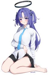 Rule 34 | 1girl, alternate costume, arm support, bare legs, barefoot, blue archive, blue necktie, blush, clothes lift, collared shirt, commentary request, forehead, halo, highres, lifted by self, long hair, long sleeves, looking at viewer, mizoshi-x, necktie, parted bangs, pleated skirt, purple eyes, purple hair, school uniform, shirt, sidelocks, simple background, sitting, skirt, skirt lift, smile, solo, summer uniform, thighs, toes, triangle hair ornament, two side up, wariza, white shirt, yuuka (blue archive)