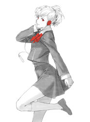 1girl absurdres arm_at_side bow bowtie digital_media_player diyu_1004 earphones faux_traditional_media gekkoukan_high_school_uniform hair_ornament hairclip hand_on_own_face hand_up highres jacket kneehighs leg_up loafers long_sleeves looking_at_viewer monochrome parted_lips persona persona_3 persona_3_portable ponytail red_bow red_bowtie red_eyes school_uniform shiomi_kotone shirt shoes short_hair short_ponytail simple_background skirt smile socks solo spot_color standing standing_on_one_leg white_background