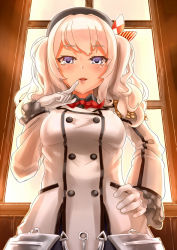 Rule 34 | 10s, 1girl, beret, blue eyes, blush, breasts, buttons, chen bingyou, colored eyelashes, double-breasted, epaulettes, female focus, finger to mouth, gloves, hand on own hip, hat, jacket, kantai collection, kashima (kancolle), large breasts, looking at viewer, military, military jacket, military uniform, smile, solo, twintails, uniform, white gloves, white hair