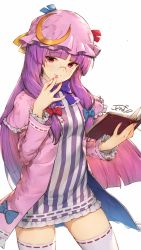Rule 34 | 1girl, blue bow, blunt bangs, book, bow, bowtie, capelet, closed mouth, crescent, crescent pin, dress, glasses, gradient hair, hair bow, hat, hat ribbon, highres, holding, holding book, kotoribako, long hair, long sleeves, looking at viewer, multicolored hair, nail polish, patchouli knowledge, pink eyes, pink hair, pink hat, pink nails, purple bow, purple bowtie, purple hair, red bow, ribbon, ribbon-trimmed legwear, ribbon trim, short dress, simple background, smile, solo, striped clothes, striped dress, thighhighs, touhou, very long hair, white background, white thighhighs