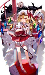 Rule 34 | 1girl, animal, ascot, bat (animal), blonde hair, blush, broken mirror, crystal, different reflection, fang, flandre scarlet, frilled skirt, frilled sleeves, frills, full body, hair between eyes, hat, highres, laevatein (touhou), long hair, mirror, mob cap, multiple views, open mouth, pointy ears, puffy short sleeves, puffy sleeves, red eyes, red footwear, red skirt, red vest, reflection, sakizaki saki-p, shoes, short sleeves, skin fang, skirt, smile, socks, standing, touhou, vest, white headwear, white socks, wings, yellow ascot