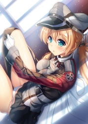 Rule 34 | 10s, 1girl, absurdres, adjusting clothes, adjusting legwear, anchor hair ornament, black skirt, black thighhighs, blonde hair, blush, breasts, eyebrows, gloves, green eyes, hair ornament, hat, highres, kantai collection, large breasts, long hair, looking at viewer, lying, on back, open mouth, panties, prinz eugen (kancolle), raiou, skirt, solo, thighhighs, twintails, underwear, white gloves, white panties