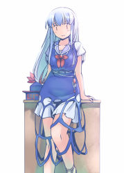Rule 34 | 1girl, arm support, backlighting, bare arms, belt, blue dress, blue hair, blush, brown eyes, closed mouth, collarbone, collared dress, desk, dress, eyes visible through hair, feet out of frame, hat, unworn hat, unworn headwear, kamishirasawa keine, layered dress, leaning back, leaning on object, leg up, light blue hair, long hair, looking at viewer, neckerchief, no nose, pleated dress, rangycrow, red neckerchief, short dress, short sleeves, simple background, smile, solo, standing, sunlight, touhou, white background, white sleeves, | |