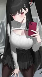 Rule 34 | 1girl, absurdres, black hair, black nails, black skirt, blue archive, blush, breasts, cellphone, cleavage, cleavage cutout, closed mouth, clothing cutout, hair ornament, hairclip, halo, highres, holding, holding phone, large breasts, leavv, long hair, looking at viewer, meme attire, open-chest sweater, pantyhose, phone, pleated skirt, red eyes, rio (blue archive), selfie, skirt, smartphone, solo, sweater, turtleneck, turtleneck sweater, very long hair, white sweater