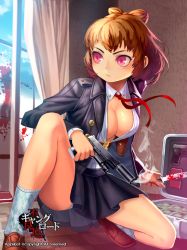 Rule 34 | 1girl, blood, bloody knife, blush, boots, breasts, brown hair, cleavage, curtains, fishnets, furyou michi ~gang road~, gun, handgun, holding, jairou, knife, large breasts, lin maoxiao, on one knee, pink eyes, pistol, ribbon, shiny skin, skirt, smoke, smoking barrel, solo, suppressor, thighhighs, watermark, weapon, window