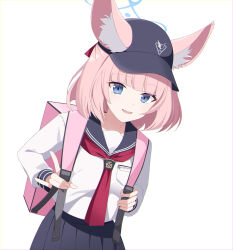 Rule 34 | 1girl, animal ears, bag, blue archive, blue eyes, commentary request, eko, fox ears, fox shadow puppet, halo, hat, highres, looking at viewer, mixed-language commentary, niko (blue archive), open mouth, pink hair, school uniform, simple background, solo, white background