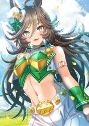 Rule 34 | 1girl, :d, ahoge, animal ears, arm strap, bare shoulders, black hair, blue sky, breasts, cloud, commentary request, crop top, day, green eyes, green shirt, hair between eyes, hat, highres, horse ears, long hair, looking at viewer, medium breasts, midriff, mini hat, mini top hat, mr. c.b. (umamusume), navel, open mouth, otono (bkt4b), pants, revision, shirt, sky, smile, solo, stomach, strapless, strapless shirt, top hat, umamusume, upper body, very long hair, white hat, white pants