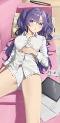 Rule 34 | 1girl, absurdres, blue archive, blush, breasts, button gap, collarbone, commentary request, couch, halo, highres, indoors, lanyard, looking at viewer, lying, medium breasts, mm (mhm2592), no pants, on back, on couch, open collar, panties, purple eyes, purple hair, shirt, solo, tablet pc, thighs, two side up, underwear, white panties, white shirt, yuuka (blue archive)