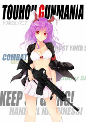 Rule 34 | 1girl, animal ears, armband, assault rifle, belt, blush, bow, bow bra, bra, breasts, cleavage, collarbone, english text, eotech, face, female focus, gun, h&amp;k hk416, heckler &amp; koch, highres, jacket, jacket on shoulders, lingerie, long hair, looking at viewer, medium breasts, miniskirt, nanahara fuyuki, open clothes, pleated skirt, purple hair, rabbit ears, red eyes, reisen udongein inaba, rifle, skirt, smile, solo, touhou, underwear, vertical forward grip, weapon, white background, white bra, white skirt