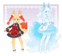 Rule 34 | 2girls, :3, absurdres, alolan form, alolan ninetales, animal ear fluff, animal ears, animal hands, animal nose, artist name, barefoot, blonde hair, blue dress, blue hair, blue jacket, blue sclera, blush, bow, braixen, breasts, cerise, chinese clothes, cleavage cutout, closed mouth, clothing cutout, colored sclera, creatures (company), double bun, dress, fangs, female focus, fox ears, fox tail, frilled dress, frills, full body, furry, furry female, game freak, gen 6 pokemon, gen 7 pokemon, gradient background, hair bow, hair bun, happy, highres, jacket, jpeg artifacts, light blush, long hair, long sleeves, looking at viewer, multiple girls, nintendo, open mouth, outline, own hands together, pawpads, personification, pokemon, pokemon (creature), purple background, purple bow, red dress, red eyes, see-through, short hair, signature, small breasts, smile, snout, standing, tail, thighhighs, watermark, white eyes, white legwear, white outline, zettai ryouiki