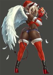 Rule 34 | &gt;:p, 00s, 1girl, :p, angel wings, ass, back, bare shoulders, blonde hair, blue lips, boots, breast hold, breasts, buckle, bulge, cameltoe, christmas, covered erect nipples, curvy, cutoffs, dark-skinned female, dark skin, demon girl, demon horns, demon tail, denim, denim shorts, ear piercing, earrings, elbow gloves, eyeshadow, female focus, fingernails, foglia (taimanin asagi), folded ponytail, full body, gloves, grey background, hair between eyes, hat, head tilt, high heel boots, high heels, horns, huge ass, huge breasts, jewelry, kneepits, legs, legs apart, lipstick, long fingernails, long pointy ears, looking at viewer, looking back, makeup, mikoyan, mole, mole under eye, nail polish, naughty face, piercing, pointy ears, red eyes, red nails, ring, santa hat, shiny skin, short hair, short shorts, shorts, sidelocks, simple background, solo, standing, strapless, tail, taimanin (series), taimanin asagi, thighhighs, thighs, toned, tongue, tongue out, v-shaped eyebrows, very dark skin, wings, zipper