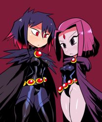 Rule 34 | 2girls, arms behind back, belt, black cape, black leotard, breasts, cape, dc comics, dual persona, frown, highres, jewelry, leotard, multiple girls, purple cape, purple eyes, purple hair, purple tights, rariatto (ganguri), raven (dc), red eyes, teen titans, thighhighs