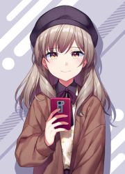 Rule 34 | 1girl, beret, black hat, blush, brown coat, brown eyes, camera phone, casual, cellphone, check commentary, closed mouth, coat, commentary request, floral print, grey background, hat, highres, holding, holding phone, jenevan, neck ribbon, open clothes, open coat, original, phone, print shirt, purple ribbon, ribbon, shirt, smartphone, smile, solo, striped, striped background, white shirt