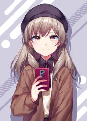 1girl beret black_hat blush brown_coat brown_eyes camera_phone casual cellphone check_commentary closed_mouth coat commentary_request floral_print grey_background hat highres holding holding_phone jenevan neck_ribbon open_clothes open_coat original phone print_shirt purple_ribbon ribbon shirt smartphone smile solo striped striped_background white_shirt