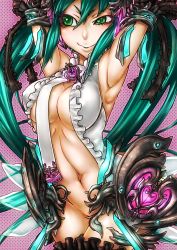 Rule 34 | 1girl, aqua hair, armpits, arms up, bad id, bad pixiv id, breasts, cleavage, elbow gloves, female focus, gloves, green eyes, hatsune miku, hatsune miku (append), highres, jongo, long hair, medium breasts, naughty face, navel, necktie, solo, twintails, vocaloid, vocaloid append