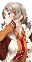 Rule 34 | 1girl, blue eyes, blush, buttons, grey hair, hair ornament, hairclip, hand on own cheek, hand on own face, highres, long sleeves, looking to the side, love live!, love live! school idol project, love live! sunshine!!, low tied hair, necktie, orange shirt, school uniform, shirt, short hair, sleeves past wrists, solo focus, surfing orange, upper body, watanabe you