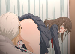 Rule 34 | 1boy, 1girl, age difference, ass, bad id, bad pixiv id, blush, brown eyes, brown hair, censored, commentary request, cunnilingus, doctor, facial hair, food print, glasses, ichigo 100 percent, kosokosomaru (higashi taishi), mosaic censoring, old, old man, older man and younger girl, open mouth, oral, panties, panty pull, print panties, school uniform, serafuku, strawberry panties, strawberry print, stubble, toujou aya, underwear, white hair