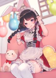 Rule 34 | 1girl, alternate costume, animal ears, apron, arm up, blurry, blurry background, blush, braid, breasts, brown hair, commentary request, couch, depth of field, dress, enmaided, frilled apron, frilled pillow, frilled thighhighs, frills, heart, heart-shaped pillow, holding, indoors, long hair, low twintails, maid, maid headdress, mimikaki, nijisanji, on couch, parted lips, pillow, pleated dress, polka dot, puffy short sleeves, puffy sleeves, purple eyes, rabbit ears, red dress, short sleeves, small breasts, smile, solo, stuffed animal, stuffed cat, stuffed toy, suzuho hotaru, thighhighs, tsukino mito, tsukino mito (9th costume), twin braids, twintails, virtual youtuber, waist apron, white apron, white thighhighs, window, wrist cuffs