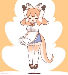 Rule 34 | 1girl, animal ears, apron, arms up, bow, bowtie, brown hair, coroha, extra ears, full body, gloves, jumping, kangaroo ears, kangaroo girl, kangaroo tail, kemono friends, long hair, looking at viewer, orange background, red kangaroo (kemono friends), shirt, shoes, shorts, simple background, solo, tail, thighhighs, twintails