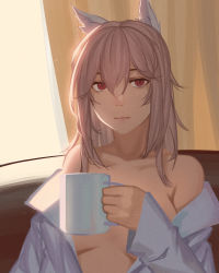 Rule 34 | 1girl, absurdres, animal ears, bare shoulders, breasts, coffee mug, collarbone, collared shirt, commentary, convenient censoring, cup, expressionless, girls&#039; frontline, hair between eyes, highres, holding, holding cup, indoors, long hair, long sleeves, looking at viewer, medium breasts, messy hair, mug, off shoulder, open clothes, open shirt, persica (girls&#039; frontline), pink hair, red eyes, salty eyes, shirt, solo, upper body, white shirt, window