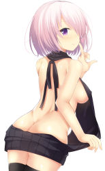 Rule 34 | 1girl, ass, backless dress, backless outfit, bare back, bare shoulders, black thighhighs, blush, breasts, butt crack, closed mouth, clothes pull, covered erect nipples, cowboy shot, dress, fate/grand order, fate (series), finger to mouth, from behind, hair over one eye, halterneck, heart, highres, legs together, looking at viewer, looking back, maccha, mash kyrielight, medium breasts, meme attire, naked sweater, purple eyes, purple hair, ribbed sweater, short hair, sideboob, simple background, smile, solo, spoken heart, sweater, sweater dress, sweater pull, thighhighs, turtleneck, turtleneck sweater, virgin killer sweater, white background
