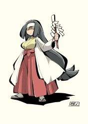 Rule 34 | 1girl, black hair, blouse, bow, breasts, channeler (pokemon), chichibu (watson), closed mouth, creatures (company), flip-flops, full body, game freak, gohei, hakama, hakama skirt, hand up, headband, highres, holding, japanese clothes, kimono, large breasts, legs apart, long hair, looking away, nintendo, npc trainer, outstretched arm, pokemon, pokemon lgpe, red bow, red hakama, sandals, sepia background, shaded face, shadow, shirt, signature, simple background, skirt, socks, solo, standing, very long hair, white background, white headband, white kimono, white socks, yellow eyes, yellow kimono, yellow shirt