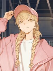 Rule 34 | 1girl, alternate costume, alternate hairstyle, baseball cap, blonde hair, braid, hat, highres, holding, holding clothes, holding hat, jacket, open clothes, open jacket, pink hat, pink jacket, qiu tong, shirt, smile, solo, sq (series), tanjiu, twin braids, twintails, white shirt