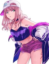 Rule 34 | 1girl, baseball cap, breasts, brown hair, corset, eyelashes, green eyes, gridman universe, gridman universe (film), hair ornament, hat, jacket, long hair, looking at viewer, medium breasts, minami yume, necktie, official alternate costume, open mouth, purple corset, purple shorts, risyo, scar, scar on leg, short necktie, shorts, simple background, small breasts, solo, ssss.dynazenon, white background