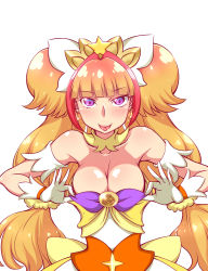 Rule 34 | 1girl, absurdres, amanogawa kirara, bow, breasts, brooch, cleavage, cure twinkle, female focus, gloves, go! princess precure, highres, jewelry, large breasts, long hair, low-tied long hair, magical girl, momeron, multicolored hair, naughty face, orange hair, precure, purple eyes, quad tails, red hair, shiny skin, solo, streaked hair, tongue, tongue out, twintails, two-tone hair, white background, white gloves