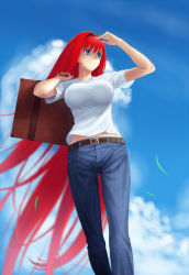 Rule 34 | 00s, 1girl, aozaki aoko, arm up, belt, blue eyes, breasts, cloud, day, denim, hair intakes, impossible clothes, impossible shirt, jeans, large breasts, long hair, pants, red hair, shirt, sky, smile, solo, suitcase, t-shirt, tsukihime, tsukikanade, very long hair
