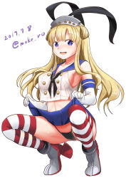 Rule 34 | 1girl, alternate costume, black panties, blonde hair, blue eyes, blue skirt, breasts, commentary request, cosplay, crop top, crop top overhang, crossover, double bun, elbow gloves, fletcher (kancolle), full body, gloves, hair bun, high heels, highleg, highleg panties, kantai collection, large breasts, long hair, microskirt, miniskirt, moke ro, panties, pleated skirt, rudder footwear, sailor collar, shimakaze (kancolle), shimakaze (kancolle) (cosplay), skirt, solo, squatting, striped clothes, striped thighhighs, thighhighs, thong, underwear, white gloves