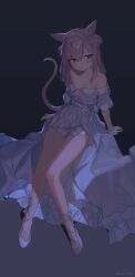Rule 34 | 1girl, animal ears, bloomers, breasts, cat ears, cat girl, cat tail, dress, final fantasy, final fantasy xiv, full body, funa (sakana), high-low skirt, highres, invisible chair, looking at viewer, medium hair, miqo&#039;te, off-shoulder dress, off shoulder, purple eyes, sitting, small breasts, tail, underwear, warrior of light (ff14), white dress, white footwear