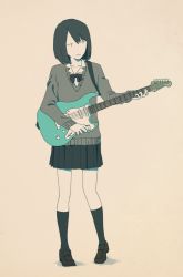 Rule 34 | 1girl, bad id, bad pixiv id, black socks, black skirt, brown footwear, electric guitar, full body, guitar, holding, holding instrument, instrument, kneehighs, light brown background, loafers, long sleeves, monochrome, muted color, original, otomika, pleated skirt, school uniform, shoes, simple background, skirt, socks, solo, standing