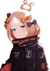 Rule 34 | 1girl, abigail williams (fate), abigail williams (traveling outfit) (fate), absurdres, bandaid, bandaid on face, bandaid on forehead, belt, black bow, black jacket, blonde hair, blue eyes, blush, bow, crossed bandaids, fate/grand order, fate (series), forehead, hair bow, hair bun, heroic spirit traveling outfit, high collar, highres, holding, holding stuffed toy, jacket, long hair, long sleeves, looking at viewer, multiple bows, official alternate costume, orange belt, orange bow, parted bangs, parted lips, polka dot, polka dot bow, purewhite draw, simple background, single hair bun, solo, stuffed animal, stuffed toy, teddy bear