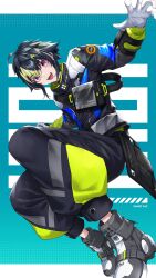Rule 34 | 1boy, ahoge, black hair, black jacket, black pants, blue background, character name, fukai ryosuke, full body, gloves, green hair, hair ornament, hairclip, highres, inami rai, jacket, looking at viewer, multicolored clothes, multicolored hair, nijisanji, official art, open mouth, pants, purple eyes, reaching, reaching towards viewer, shoes, smile, solo, teeth, two-tone hair, upper teeth only, virtual youtuber, white gloves