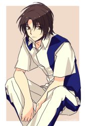 Rule 34 | 10s, 1boy, black hair, brown background, brown eyes, invisible chair, looking to the side, machi fuka, makabe kazuki, male focus, pants, short hair, short sleeves, signature, sitting, solo, soukyuu no fafner, uniform