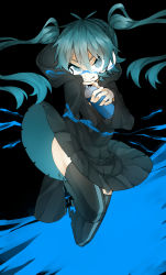Rule 34 | 1girl, bad id, bad pixiv id, black background, blue eyes, blue hair, bodypaint, ene (kagerou project), highres, hood, hoodie, kagerou project, kuro kurona, matching hair/eyes, paint splatter, paint splatter on face, painted clothes, skirt, solo, spray can, spray paint, twintails