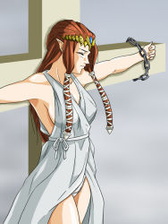 Rule 34 | a-ru (dn1217), breasts, brown hair, chain, chained, chain, cleavage, cross, crucifixion, dress, image sample, legs, nintendo, pixiv sample, pointy ears, princess zelda, resized, robe, the legend of zelda, the legend of zelda: twilight princess