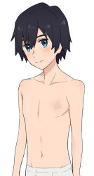 Rule 34 | 10s, 1boy, black hair, blue eyes, blush, commentary, darling in the franxx, highres, hiro (darling in the franxx), k 016002, looking at viewer, male focus, poorly drawn, scar, scar on chest, short hair, simple background, solo, topless male, underwear, underwear only, white background