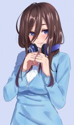 Rule 34 | 1girl, blue jacket, blush, breasts, brown hair, closed mouth, go-toubun no hanayome, grey background, hair between eyes, headphones, headphones around neck, highres, igarashi kyouhei, jacket, long hair, long sleeves, looking at viewer, nakano miku, own hands together, purple eyes, shirt, simple background, smile, solo, upper body, white shirt